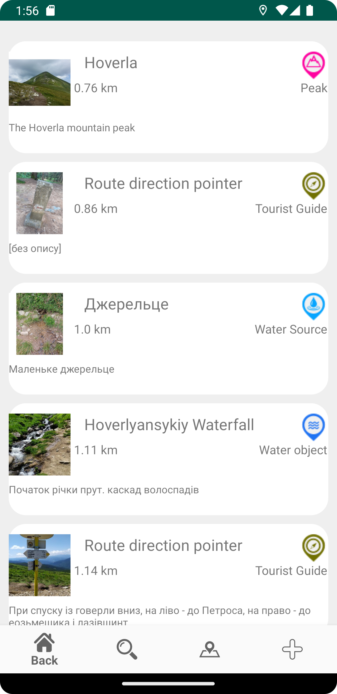 Springs, shelters and other places on the map