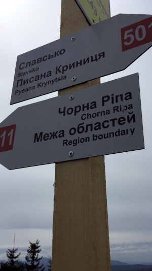 Вершина гори. Туристичний вказівник - на Писану Криницю, Славське/на Чорну Ріпу, Вишків, Торуньський перевал.